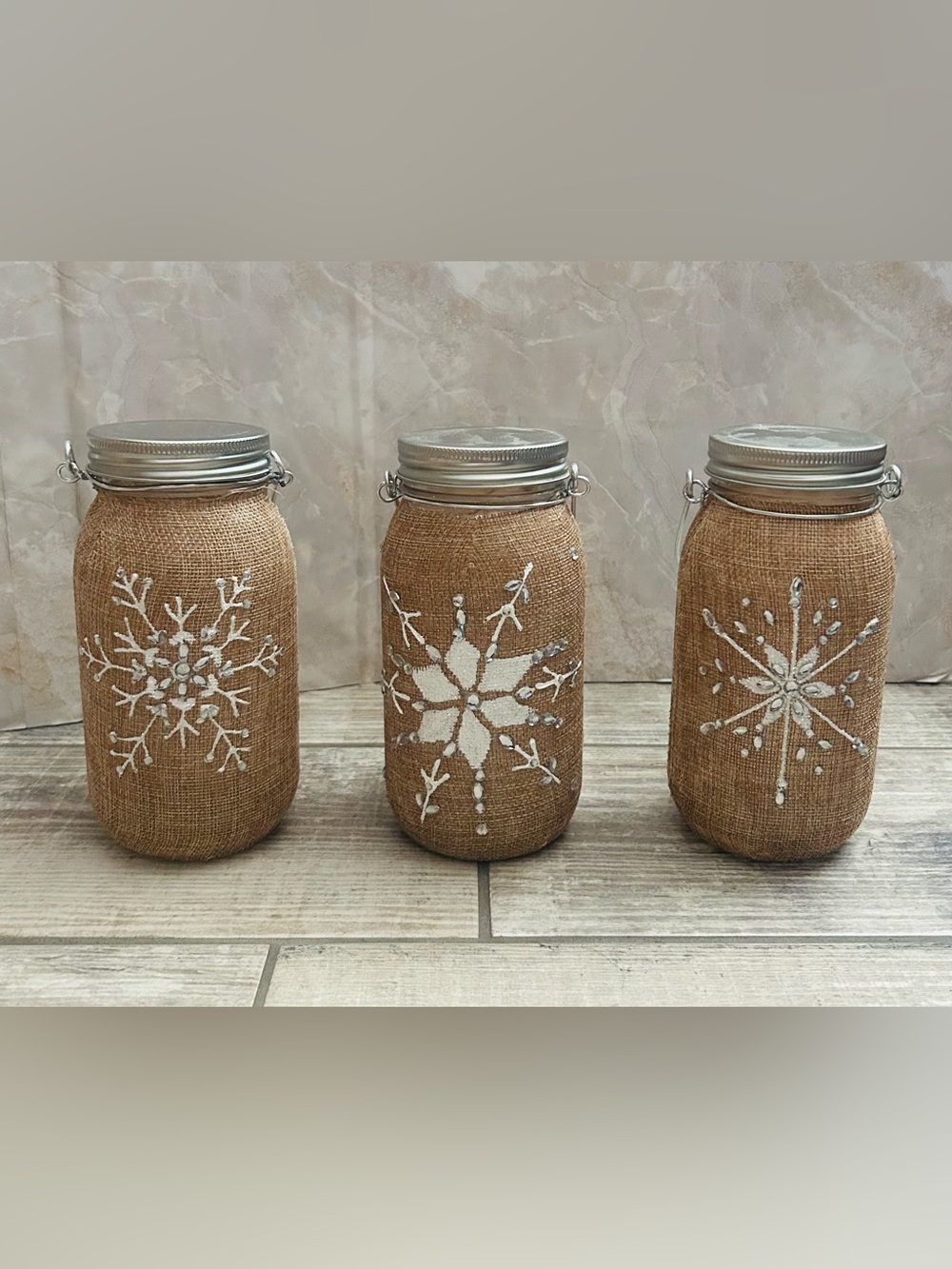 Burlap Mason Jar Twinkle Lights 3pc Set White Snowflake Design